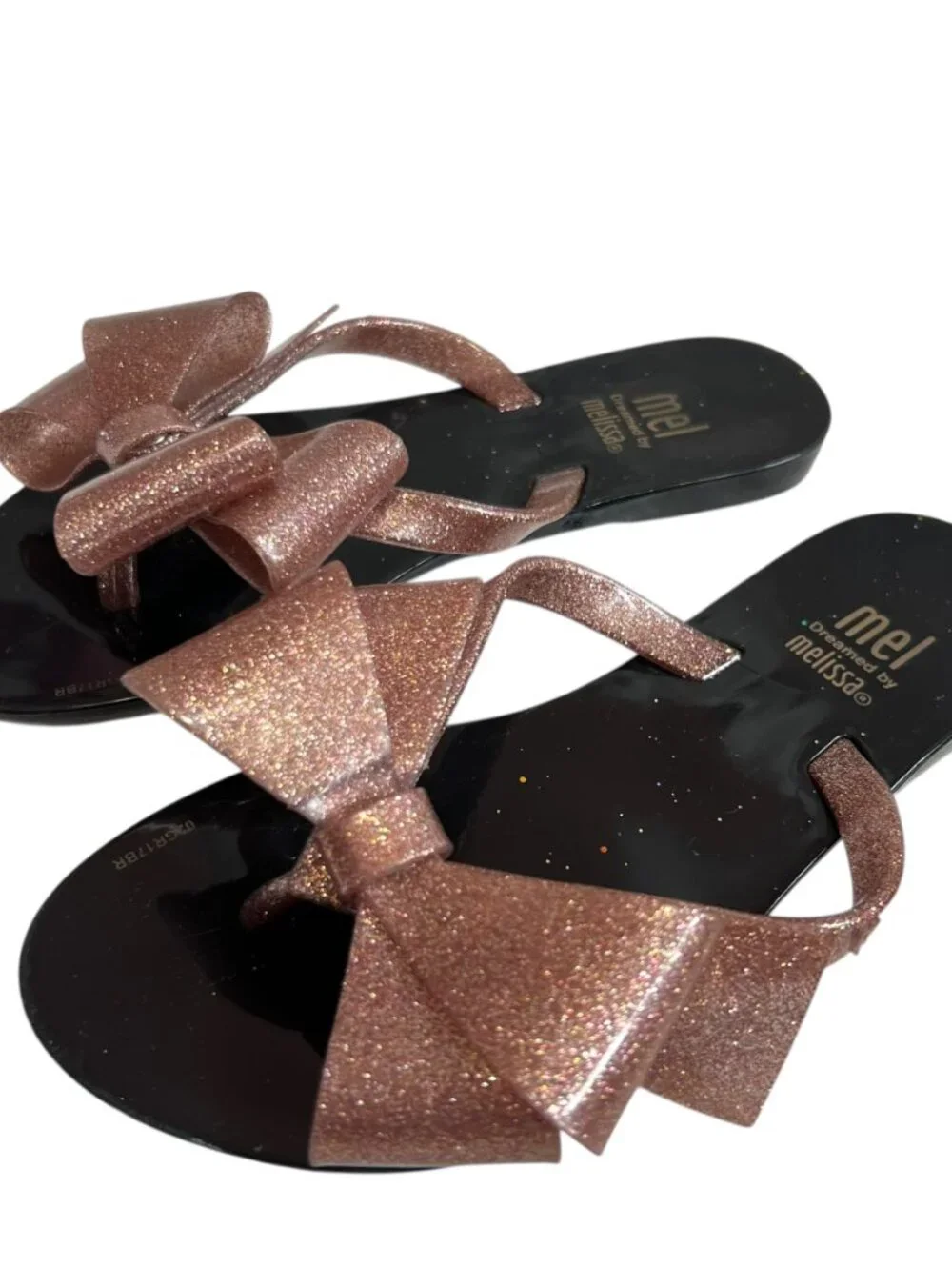 Melissa Sandals Harmonic Bow III Thong black glittery pink bow kids size 13